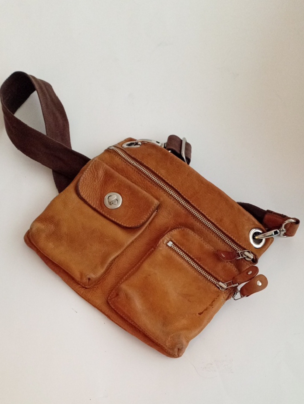 Roots Iconic Village Tribe Leather Embossed Crossbody Adjustable Strap Tan Bag